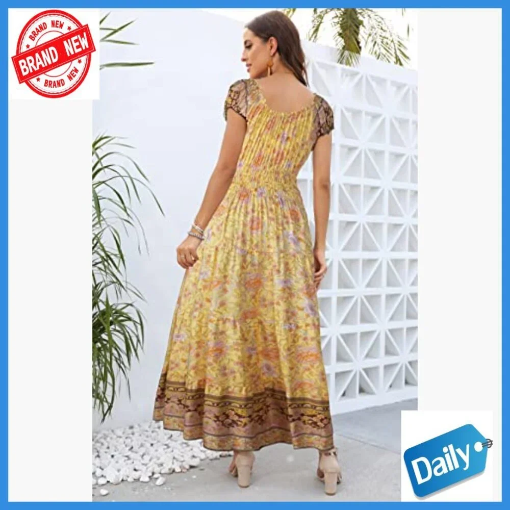 Boho Floral Maxi Dress with Scoop Neck, Tiered A-Line Summer Casual